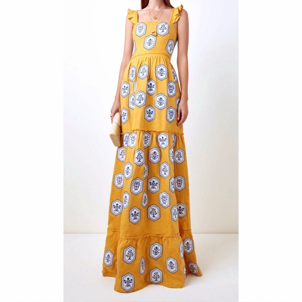 Agua Bendita Herbarium Riviera Maxi Dress Linen Floral Tile Print Yellow M